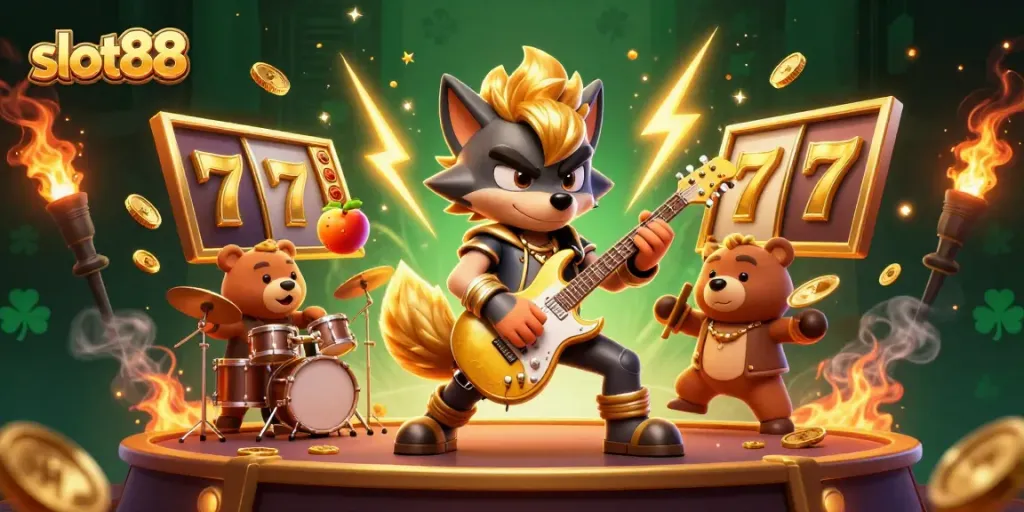 Karakter slot88 berbentuk serigala rockstar dan beruang drummer membuat pertunjukan di pentas kasino.