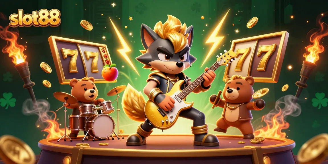 Karakter slot88 berbentuk serigala rockstar dan beruang drummer membuat pertunjukan di pentas kasino.