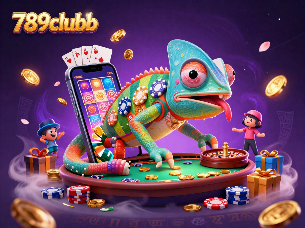 Experience gambling excitement with 789clubb's colorful 3D casino scene featuring a dynamic chameleon owner.