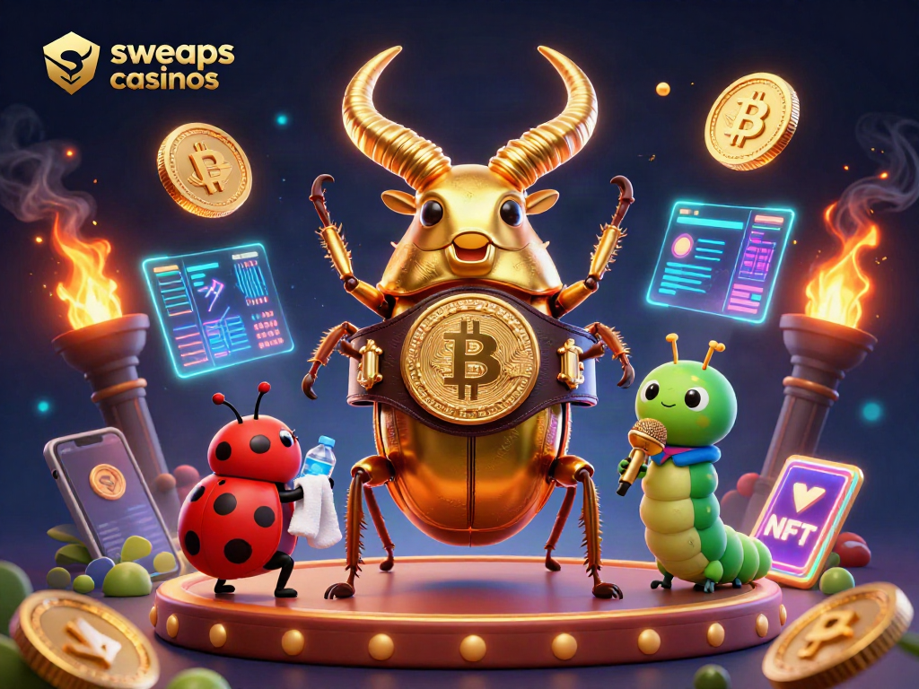 Engage with sweeps casinos through a vibrant, energized 3D digital boxing scene featuring crypto themes.