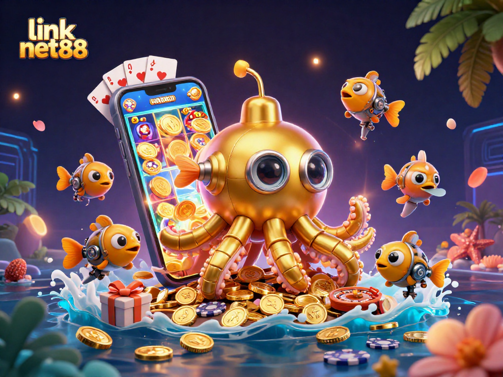 Experience the excitement of winning big at link net88 with a vibrant 3D casino scene filled with golden coins and dynamic games.