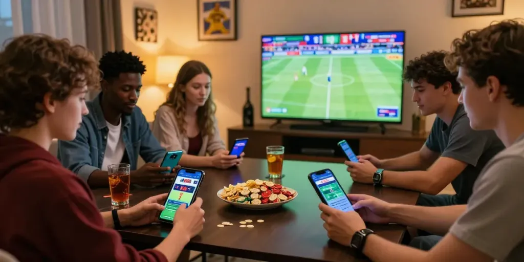 Friends enjoying M88 link mobile sports betting on mobile devices in a lively living room.
