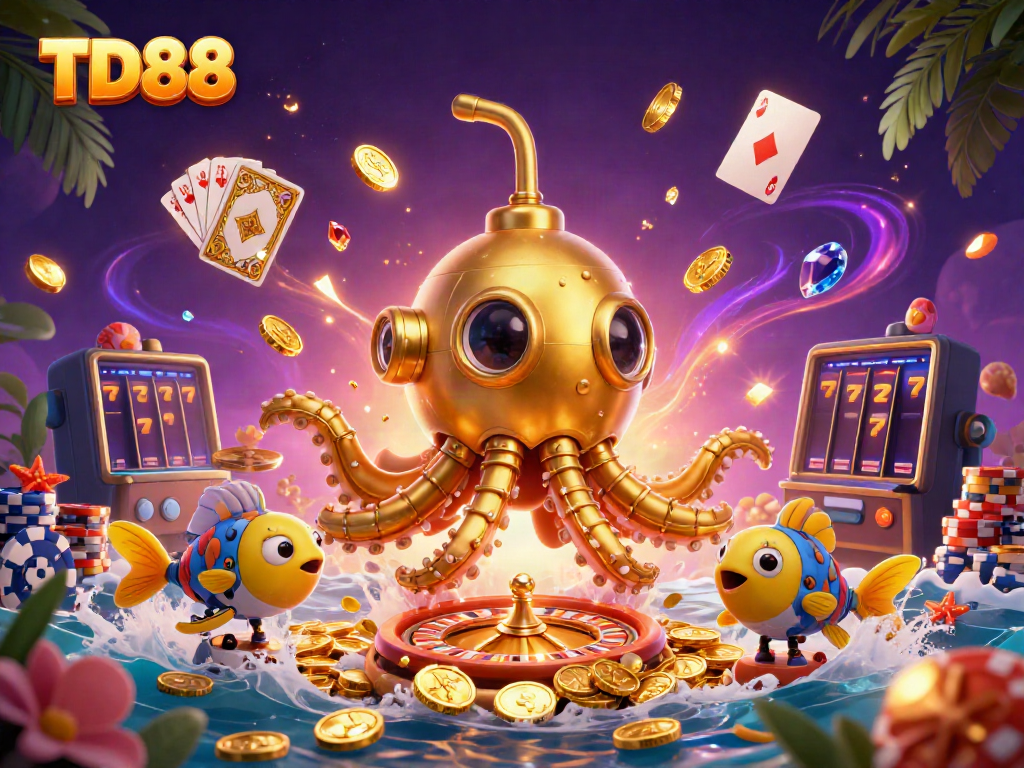 Engage with TD88's golden kraken submarine and vibrant casino elements in a captivating online gaming scene.