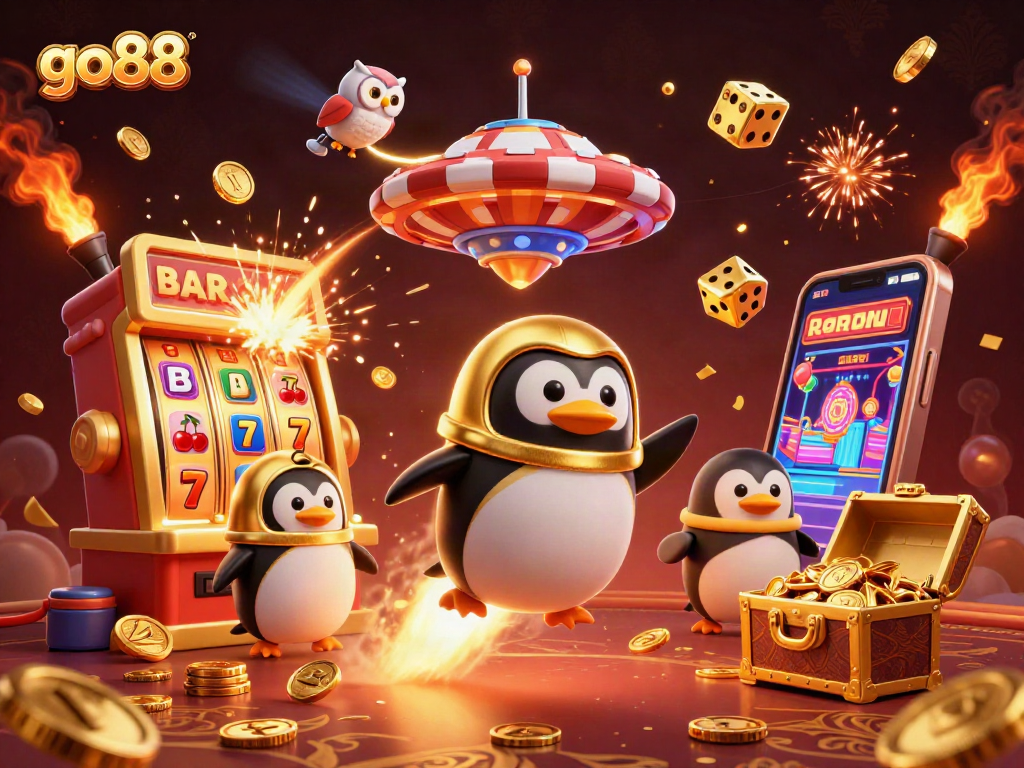 Experience thrilling gaming with go88 as a golden penguin blasts through space toward a casino chip.