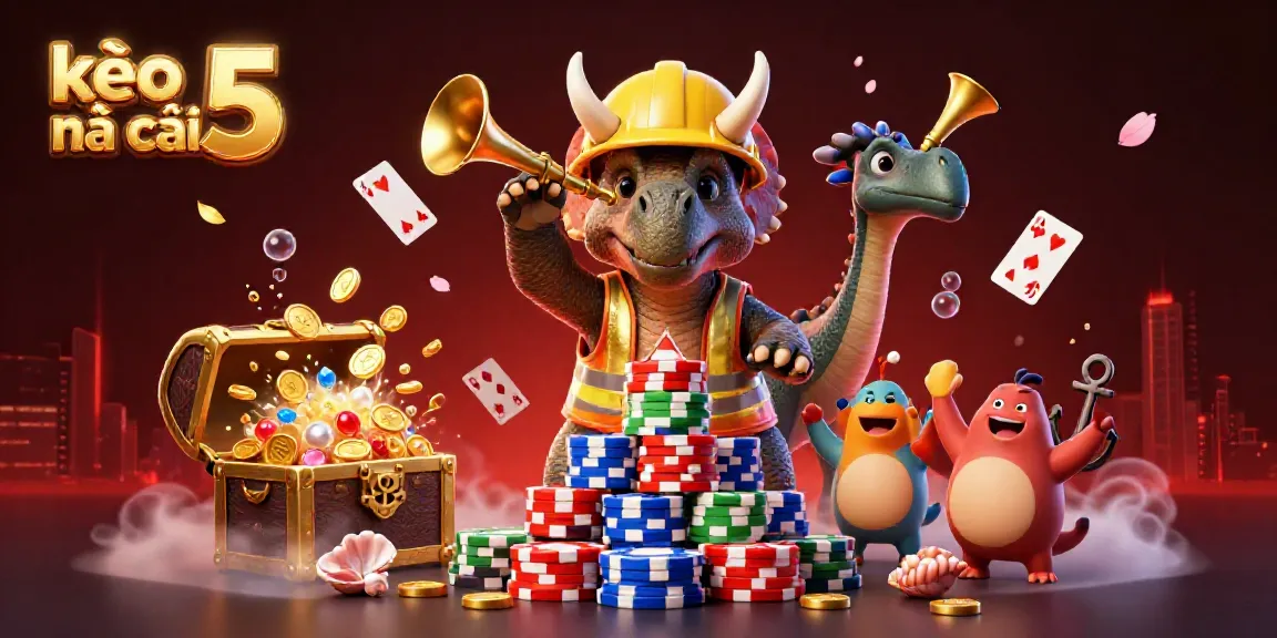 Experience kèo nhà cái 5 excitement as a triceratops builds a poker chip pyramid, surrounded by celebratory elements in a casino scene.