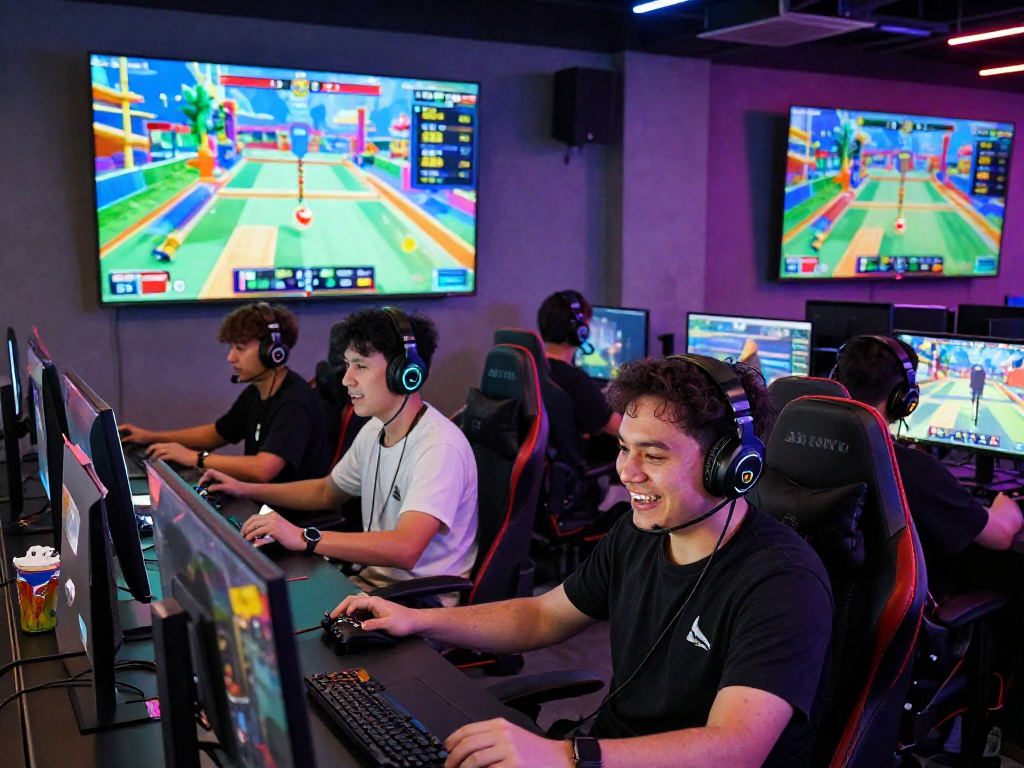 rokok88 login screen with players engaged in online gaming, showcasing colorful graphics and excitement in a modern lounge.