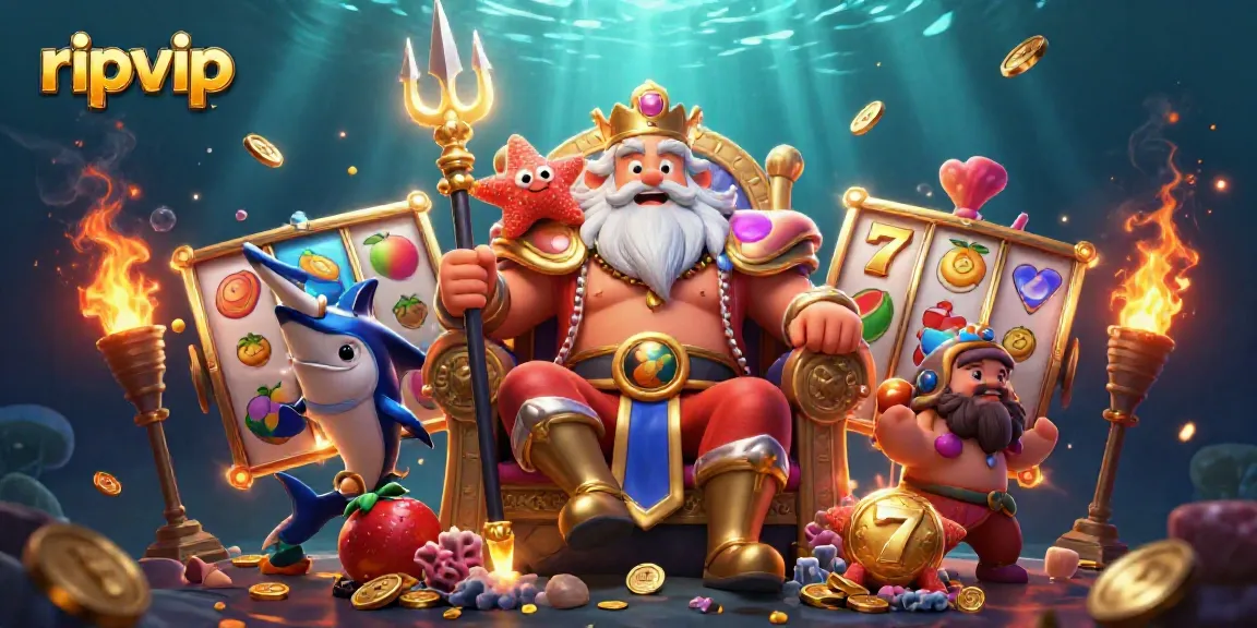 Spin the reels of ripvip in a vibrant underwater casino-themed escape featuring Neptune and treasures.