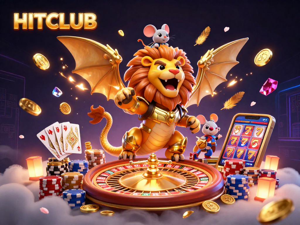 Engage in HITCLUB's thrilling casino world with a roaring chimera and vibrant game elements.