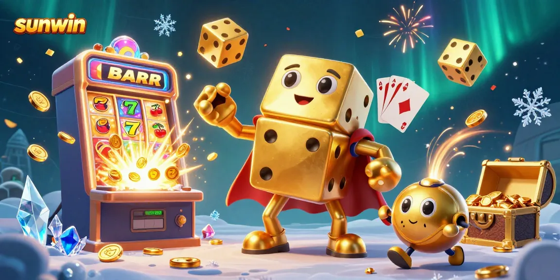 Experience the thrill of sunwin gaming with golden dice and vibrant slots in this captivating scene.