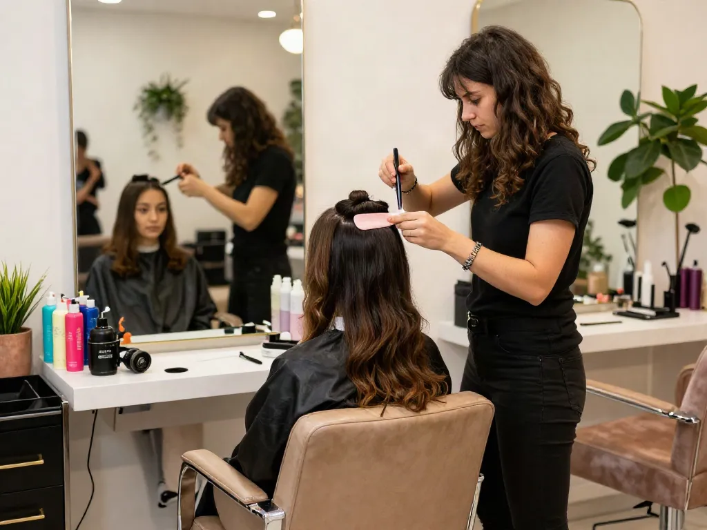 Tape in hair extensions being applied in a stylish beauty salon.