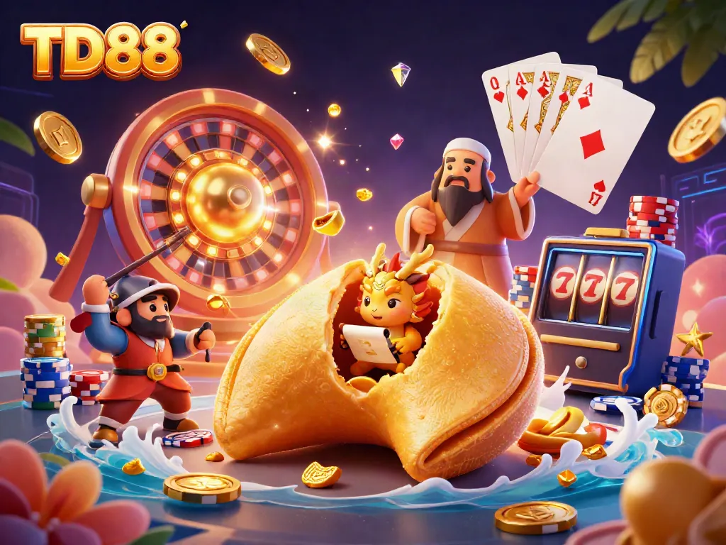 Experience the dynamic gaming world of TD88 with casino elements and characters in a vibrant 3D illustration.