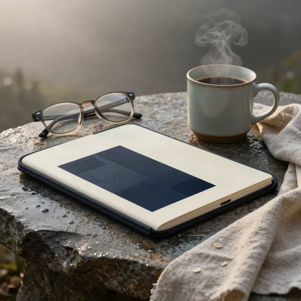 Rain-beaded morning briefing kit with tablet sleeve, folio, mug, linen and glasses on stone.