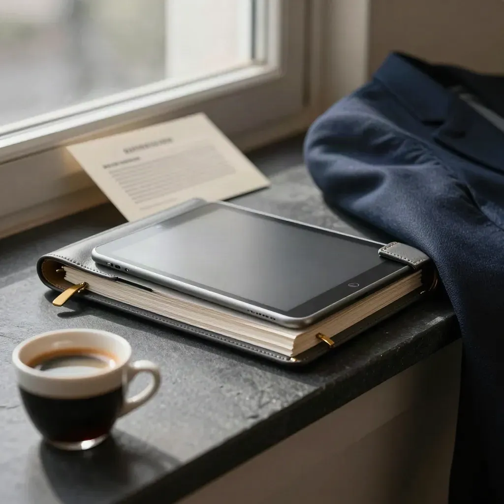 Open market watch folio with tablet, brass bookmarks, espresso, and a jacket drape on a dark ledge.
