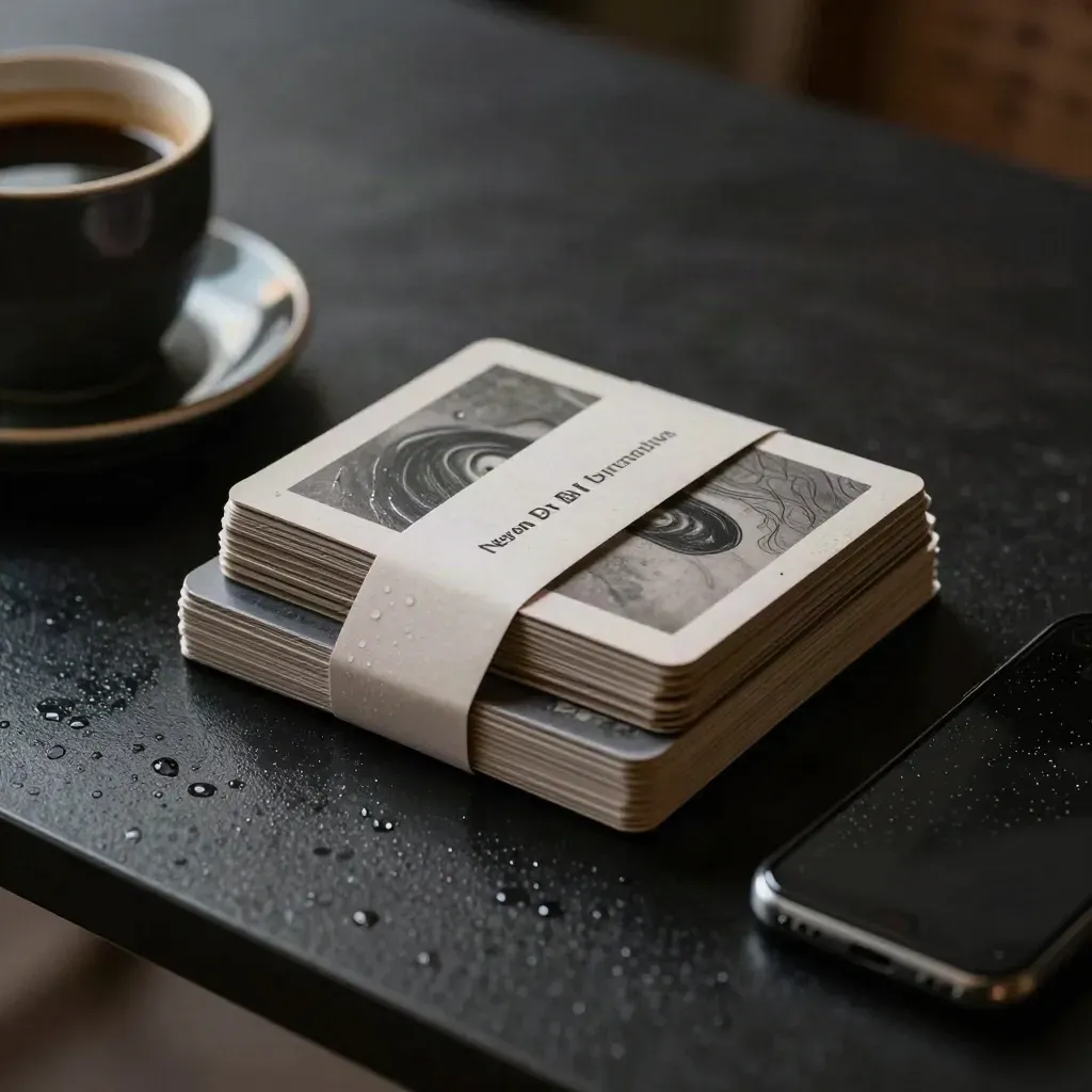 Wet dark product bundle with cup and phone skidding on a diagonal tabletop