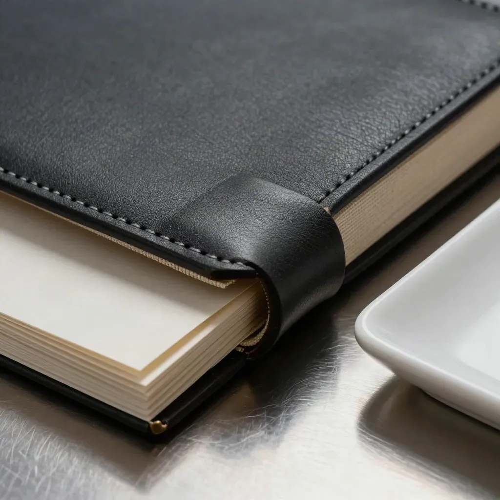 Macro of charcoal leather, linen, and ceramic news desk materials on pewter with dramatic light.