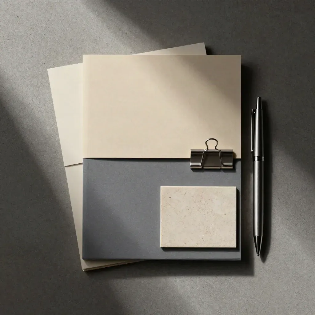 Overhead flatlay of layered notes sleeves, pen, and clip on pale stone with drifting dust