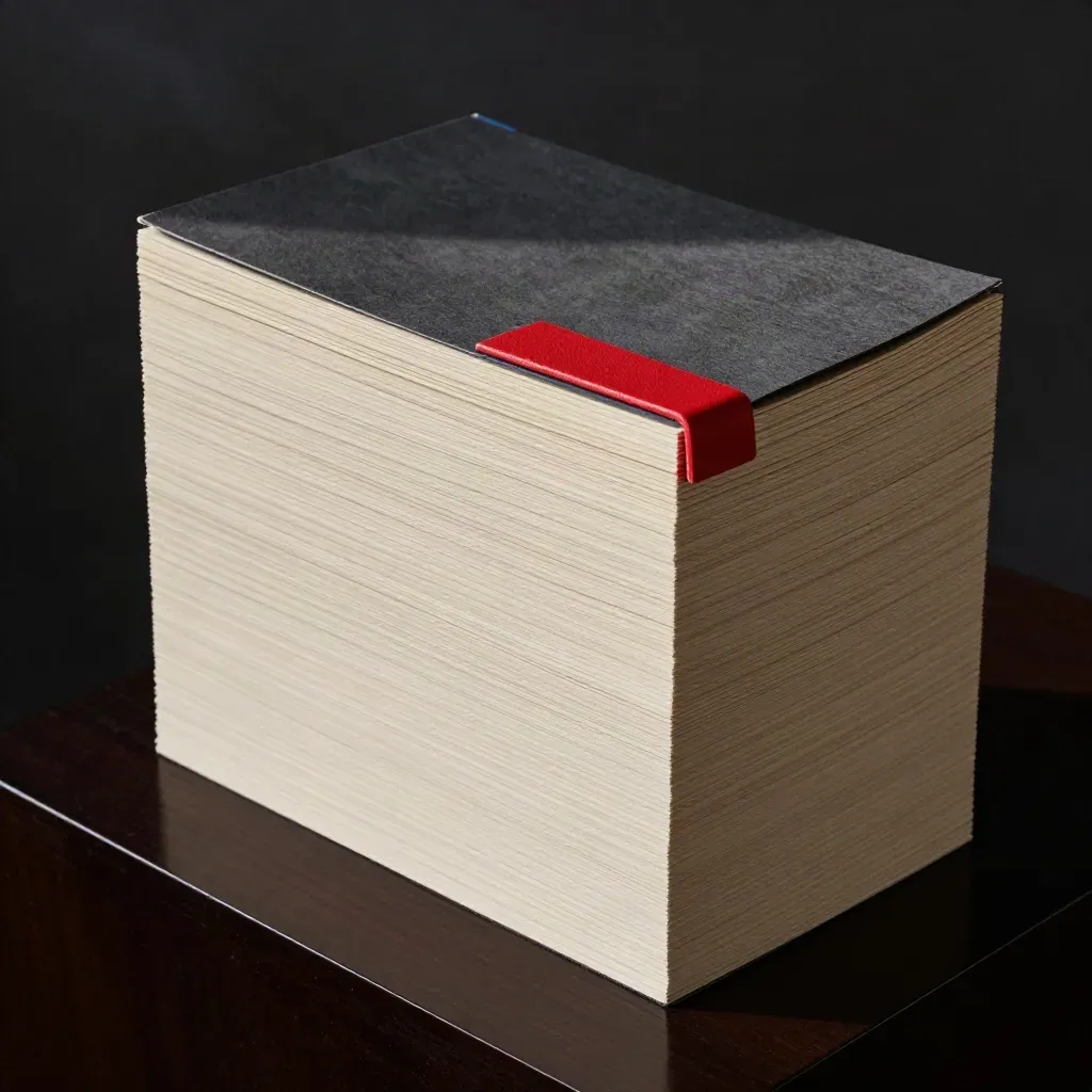 Hero stack of cream boards, charcoal folder and red divider on a dark plinth
