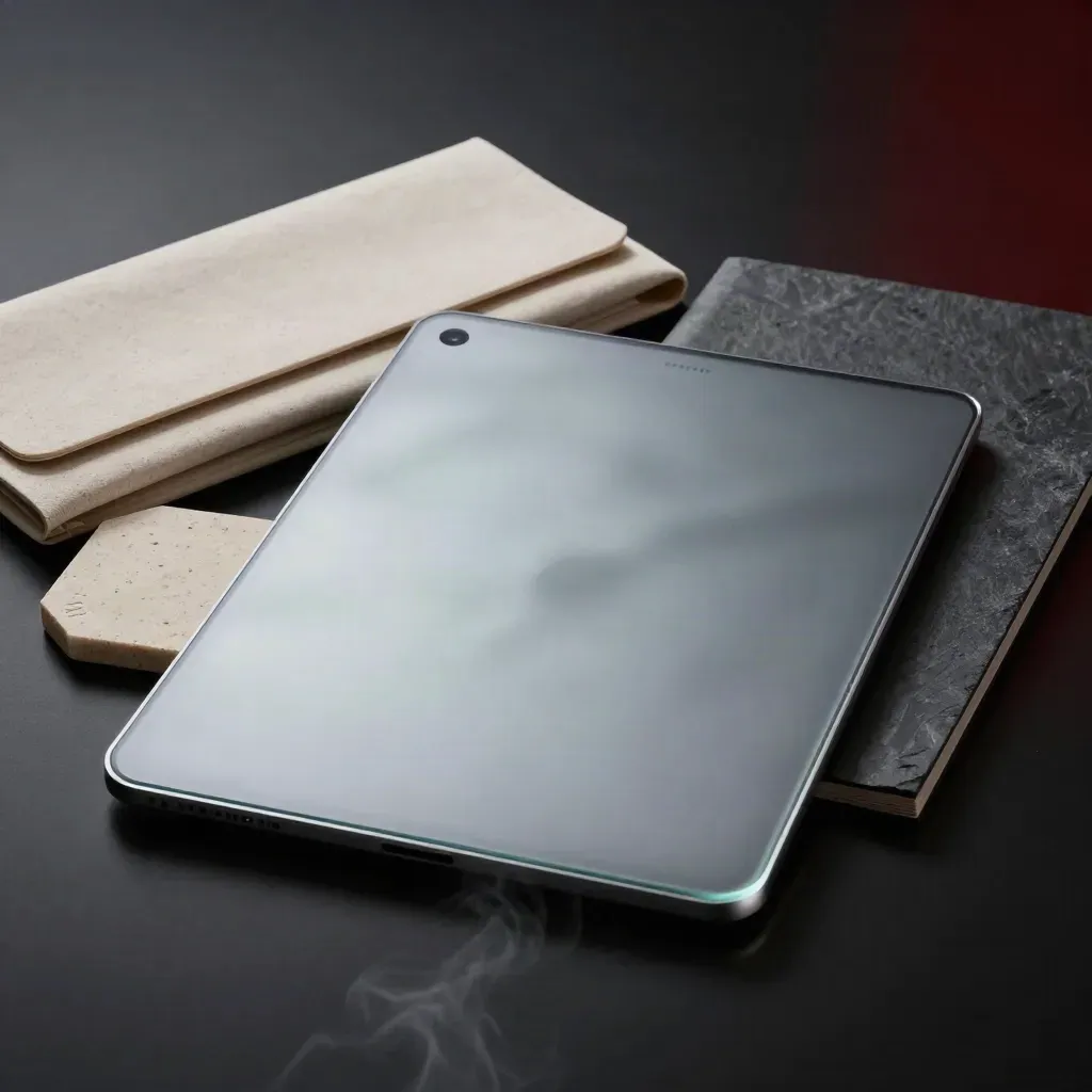 Frosted glass tablet, stone coaster, folded sleeves, steam, and a subtle red accent on a dark studio surface.