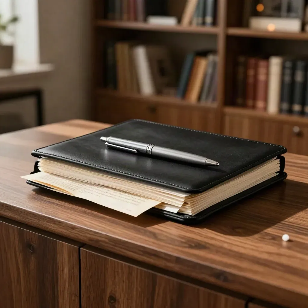 Matte black news briefing bundle on walnut with silver pen, brushed bookmark, soft editorial light.