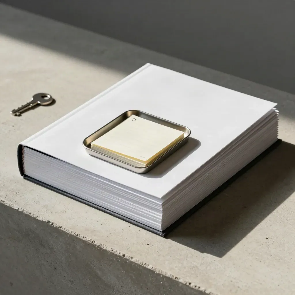 Overhead flatlay of slate and white policy folders with a clip tray and folded cards