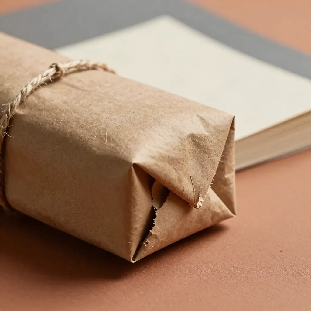 Macro of a kraft-wrapped news packet with twine and cloth tab on terracotta clay.