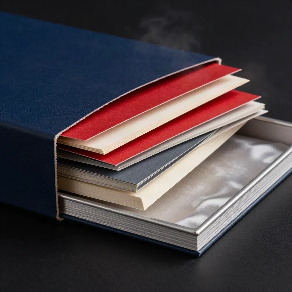 Open navy briefing box with red inserts and metallic edges on a dark studio surface