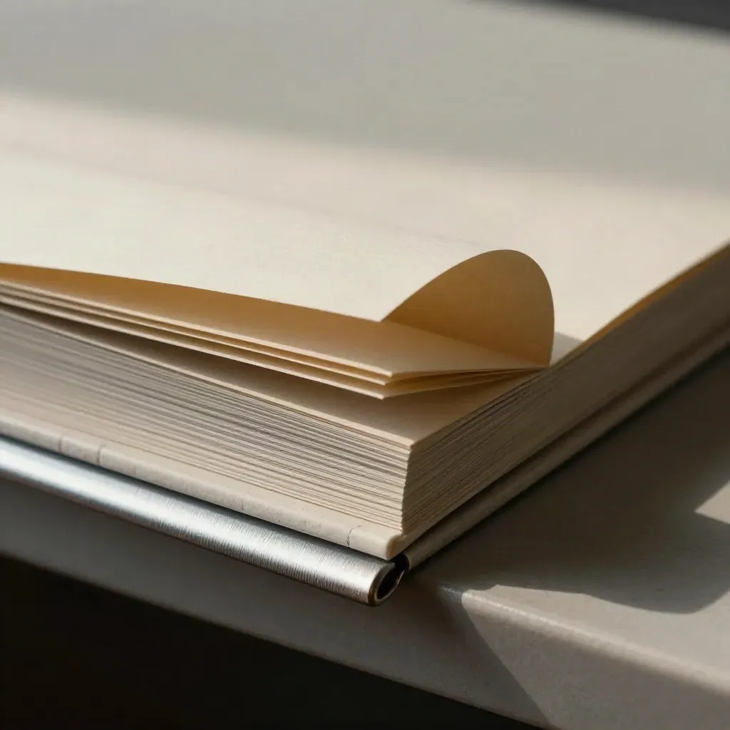 Folded policy folio with metal clip on pale travertine, lit by a hard diagonal beam.