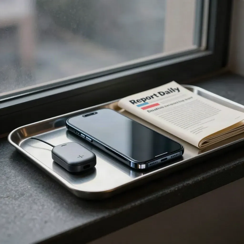 Dark smartphone, charging puck and folded sleeve on a steel tray in a hazy window-lit interior