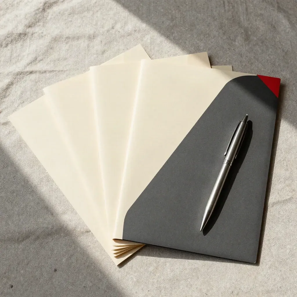 Overhead flatlay of cream opinion folders, divider and pen on linen with a subtle red accent.