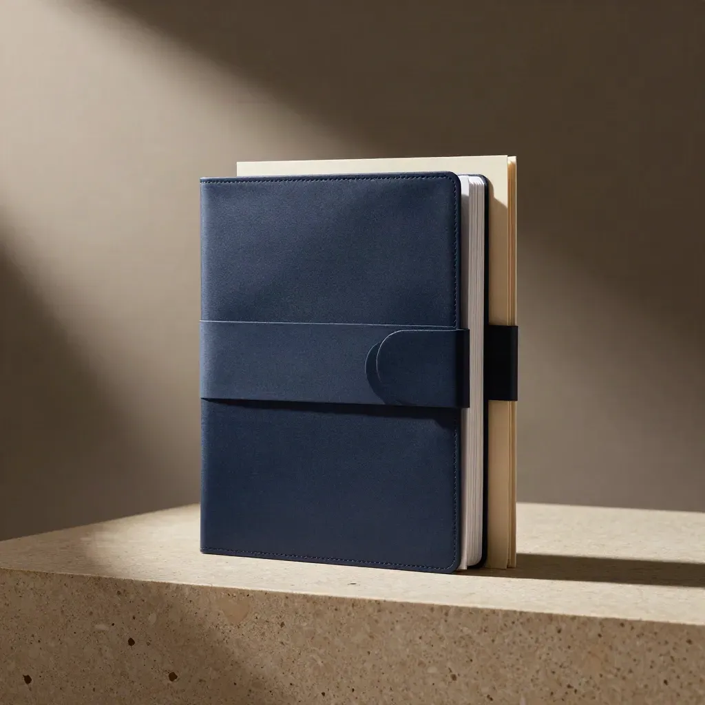 Upright navy archive brief box with sleeve and inserts on travertine, lit by a hard diagonal beam.