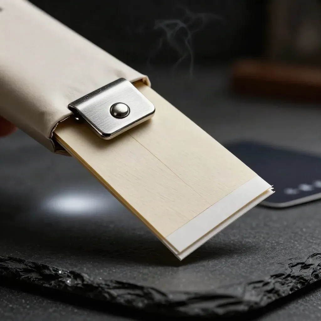 Cream local city pack packet with clasp and folded sheet on a dark surface
