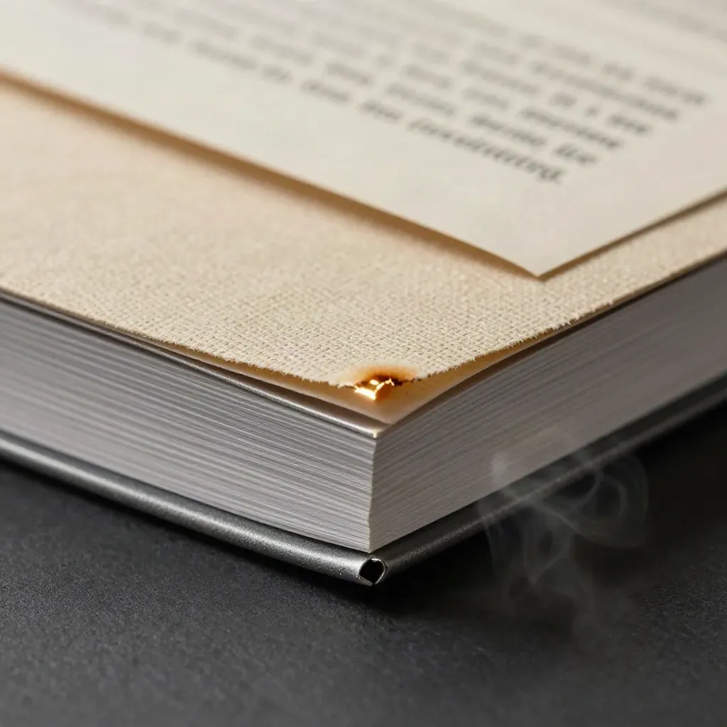 Extreme macro of graphite folio edge, aluminum notebook, coffee ring on linen, with steam drifting.