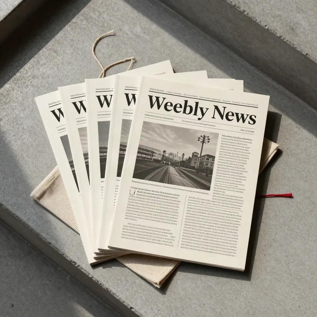 Overhead flatlay of cream newsletter cards, twine loop and folded cloth on concrete.
