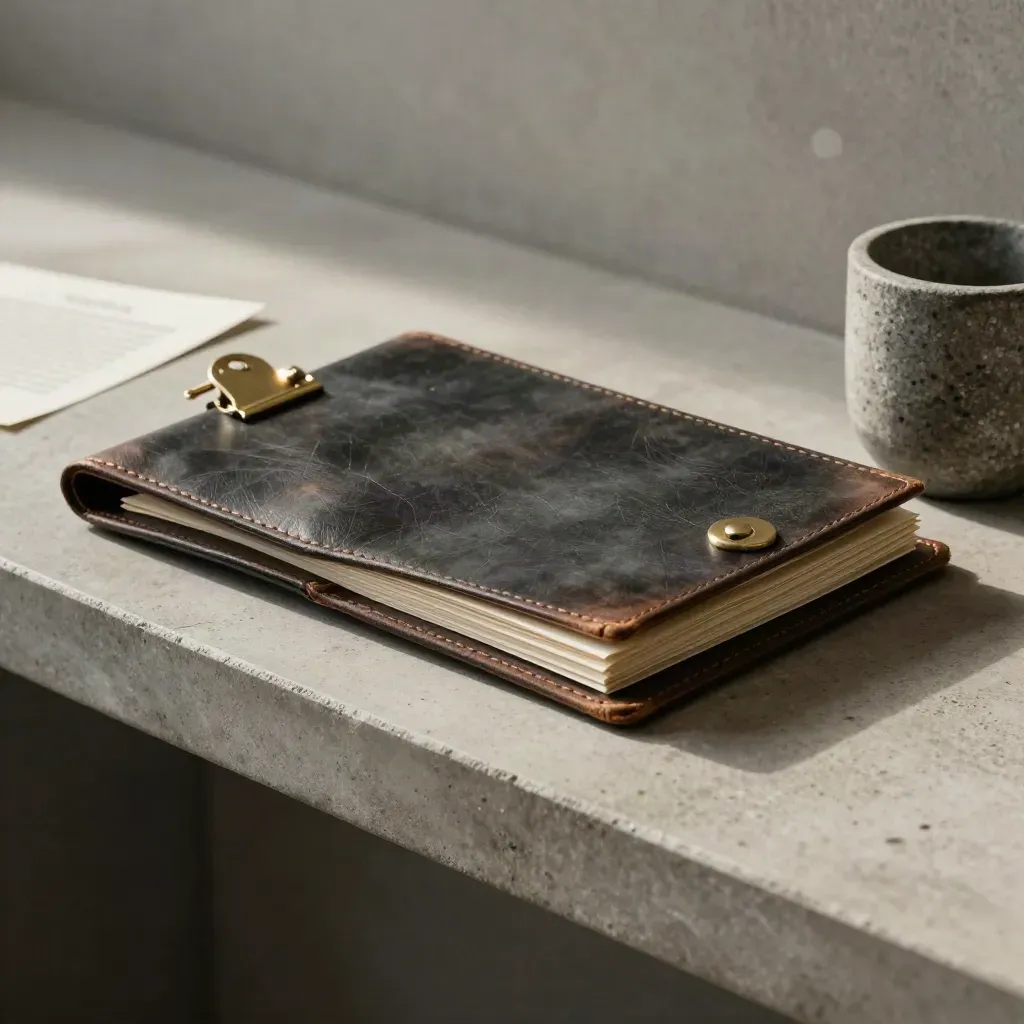 Leather folder with slate papers and a stone cup on a concrete shelf