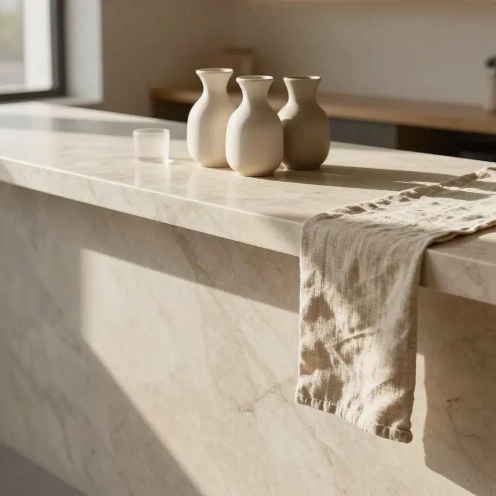 Sunlit marble café counter with linen runner and ceramic carafes in a calm editorial interior.