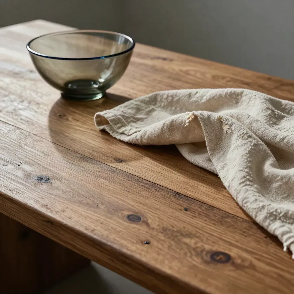 Weathered oak surface, folded throw, smoked-glass bowl, and calm copy space in warm afternoon light.