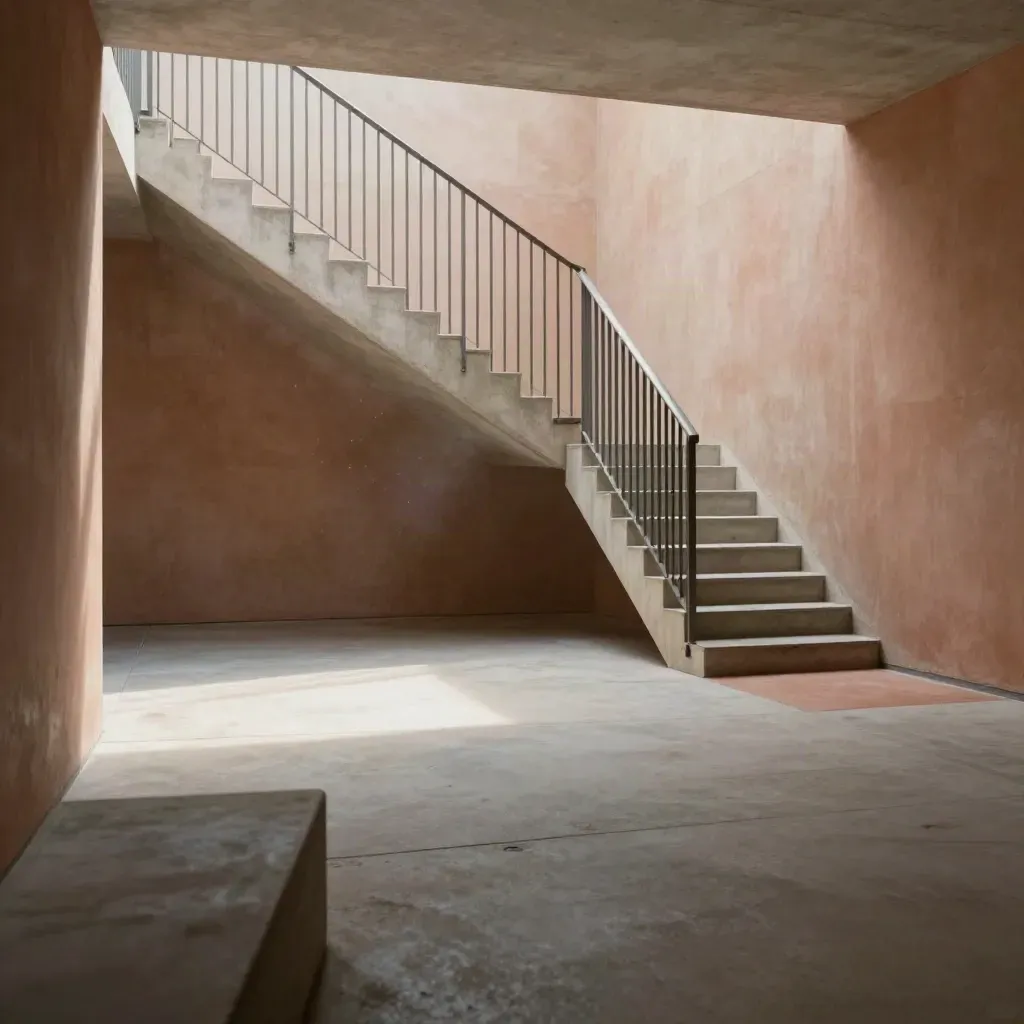 Sunlit concrete corridor with stair landing and lightwell, dust in the beam, calm lower space.