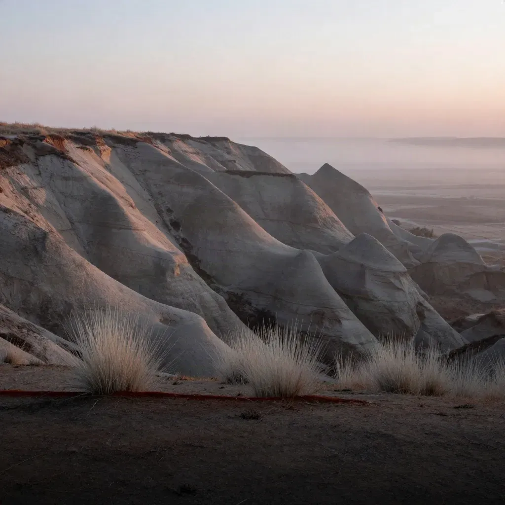 Sunrise mist over sandstone ridge and pale grasses, calm open valley below.