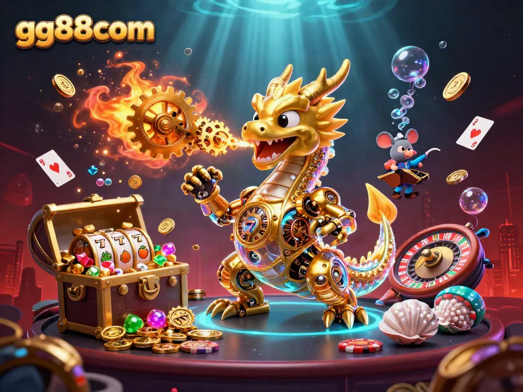 Engage with the thrilling energy of gg88com in a vibrant 3D casino scene bustling with golden treasures and game symbols.