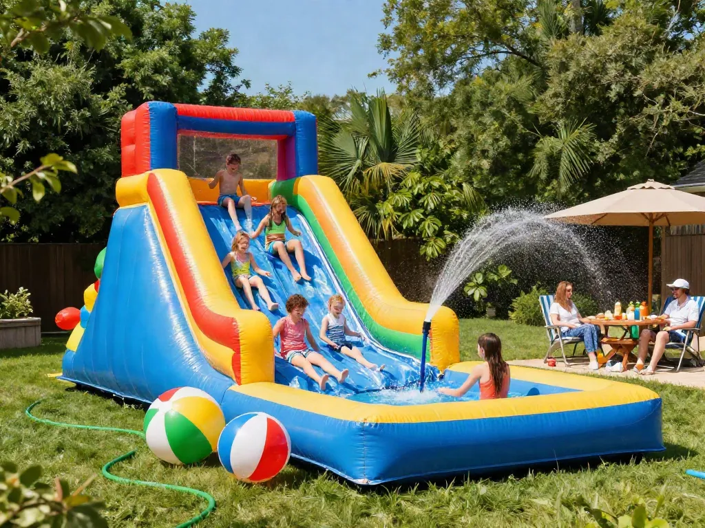 Children enjoying a vibrant water slide with inflatable toys in a sunny backyard.