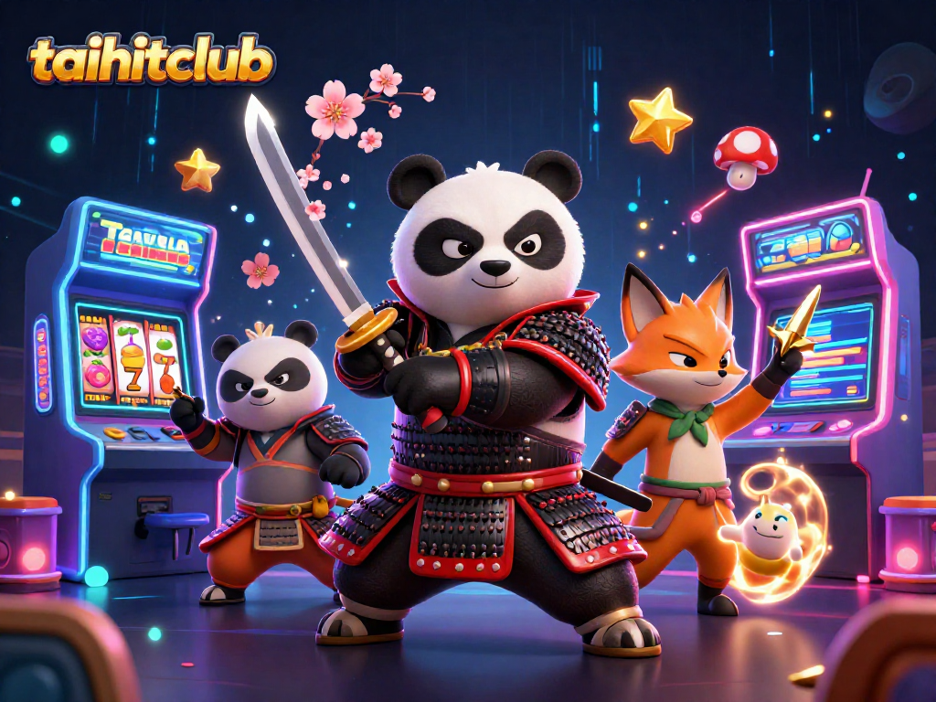 Experience the thrill at taihitclub with a samurai panda and ninja fox amid vibrant casino elements.