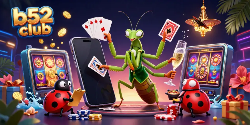 B52 club showcases exciting card games with a festive atmosphere and vibrant 3D cartoon characters.