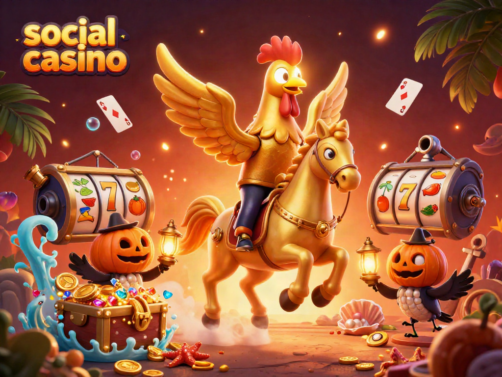 Engage with social casino fun featuring a golden rooster and haunted elements, showcasing vibrant gaming action.