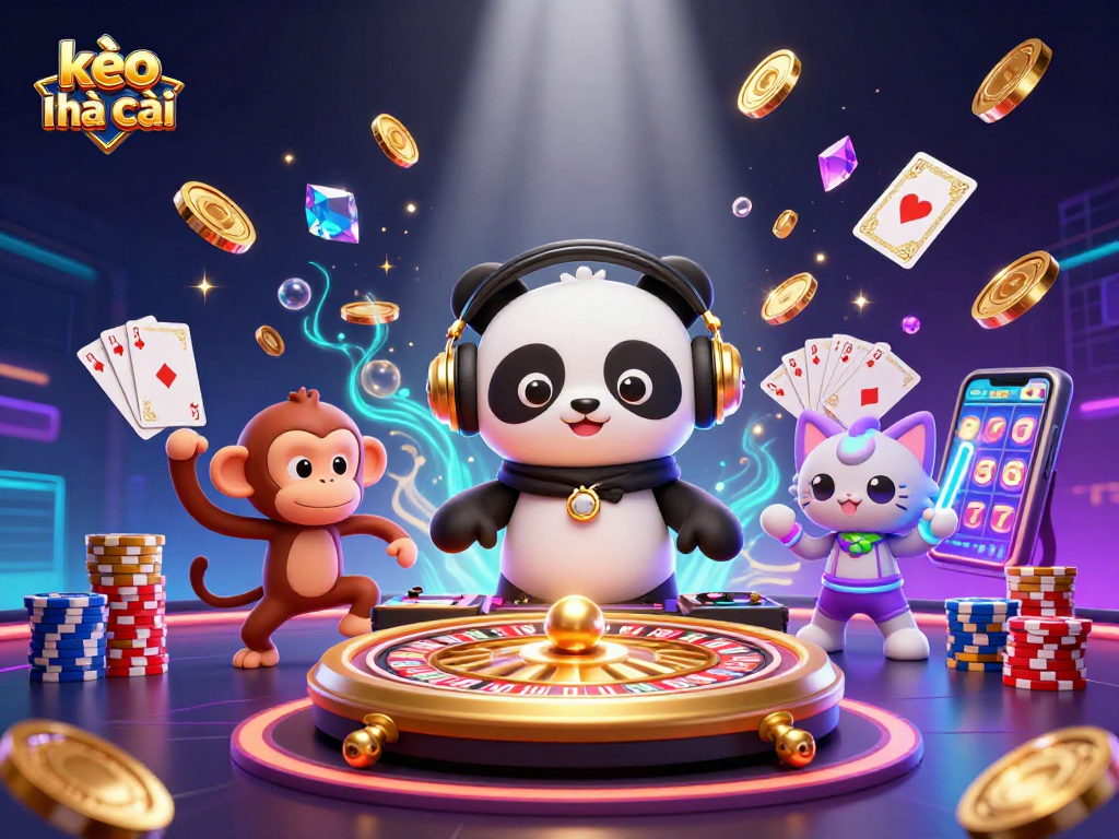 Engage with kèo nhà cái as a DJ panda spins while a breakdancing monkey and rave kitten delight amid casino elements.