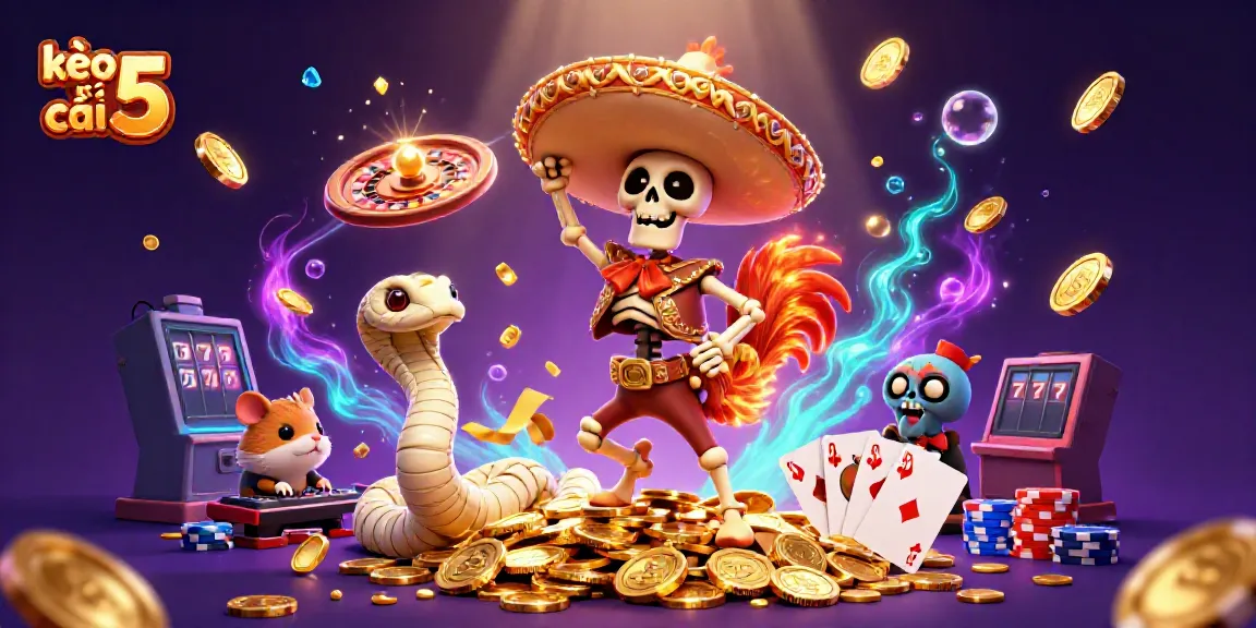 Engage with the lively kèo nhà cái 5 scene featuring vibrant characters amid cascading coins and colorful casino elements.