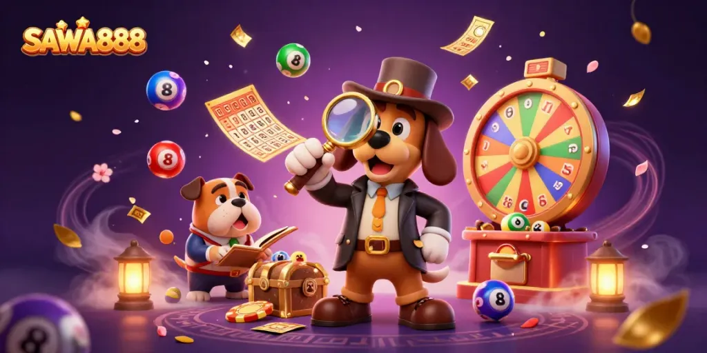 SAWA888 showcases a 3D detective and bulldog in a casino scene with vibrant lottery elements.