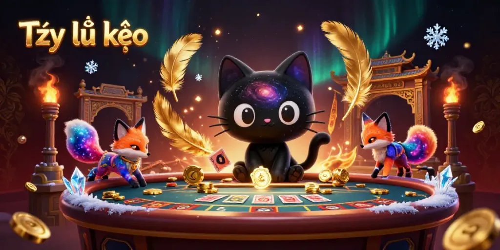 Experience the excitement of Tỷ lệ kèo with a cosmic casino scene featuring a black hole cat and vibrant fox.