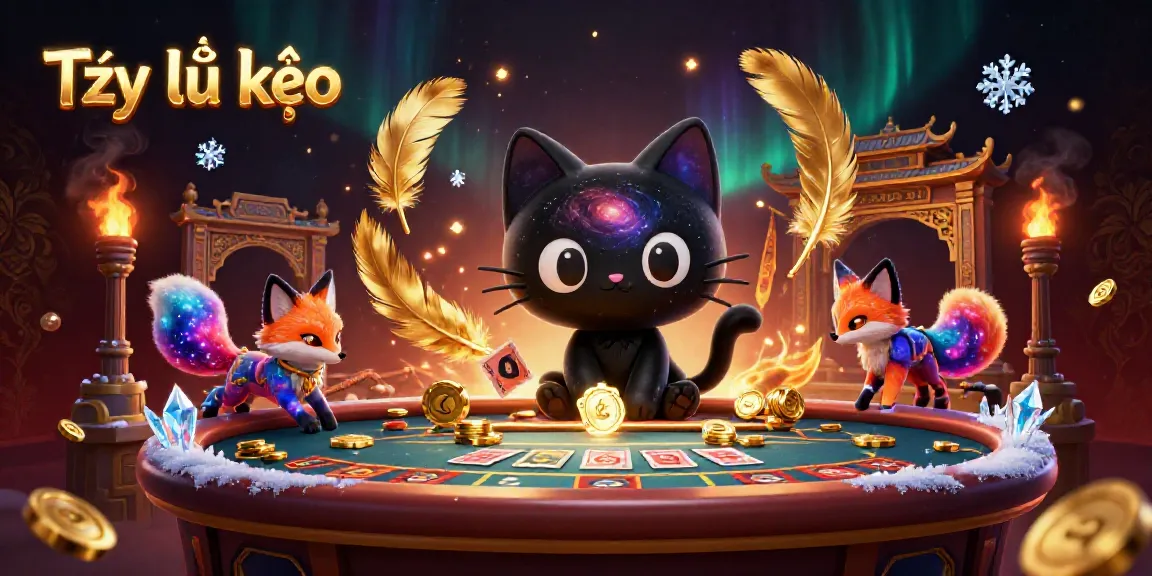 Experience the excitement of Tỷ lệ kèo with a cosmic casino scene featuring a black hole cat and vibrant fox.