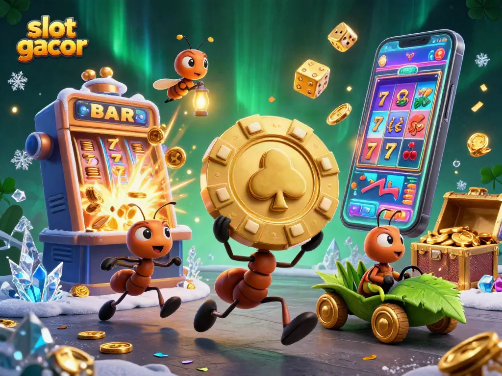 Experience thrilling slot gacor games as ants carry a golden poker chip in a vibrant casino scene.