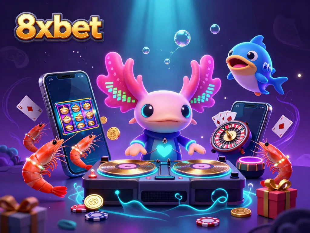 Engaging 3D casino scene featuring axolotl DJ and shrimp dancers creating a vibrant atmosphere for 8xbet gamblers.
